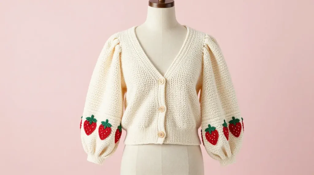 Strawberry Cardigan With Puff Sleeves